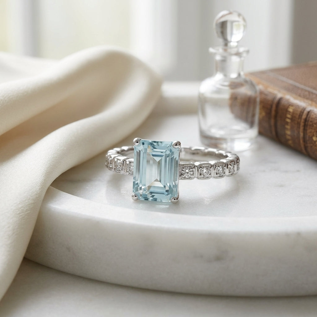 Aquamarine and Diamond Corrugated Shank Ring in 14k White Gold 1/12ctw — atelier still life