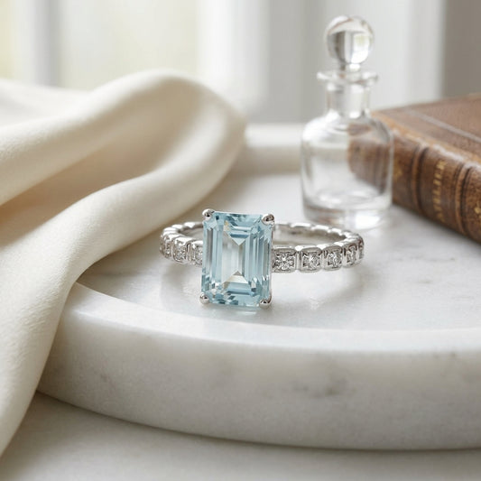 Aquamarine and Diamond Corrugated Shank Ring in 14k White Gold 1/12ctw — atelier still life