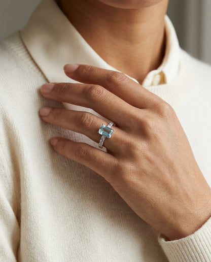 Aquamarine and Diamond Corrugated Shank Ring in 14k White Gold 1/12ctw — editorial close-up