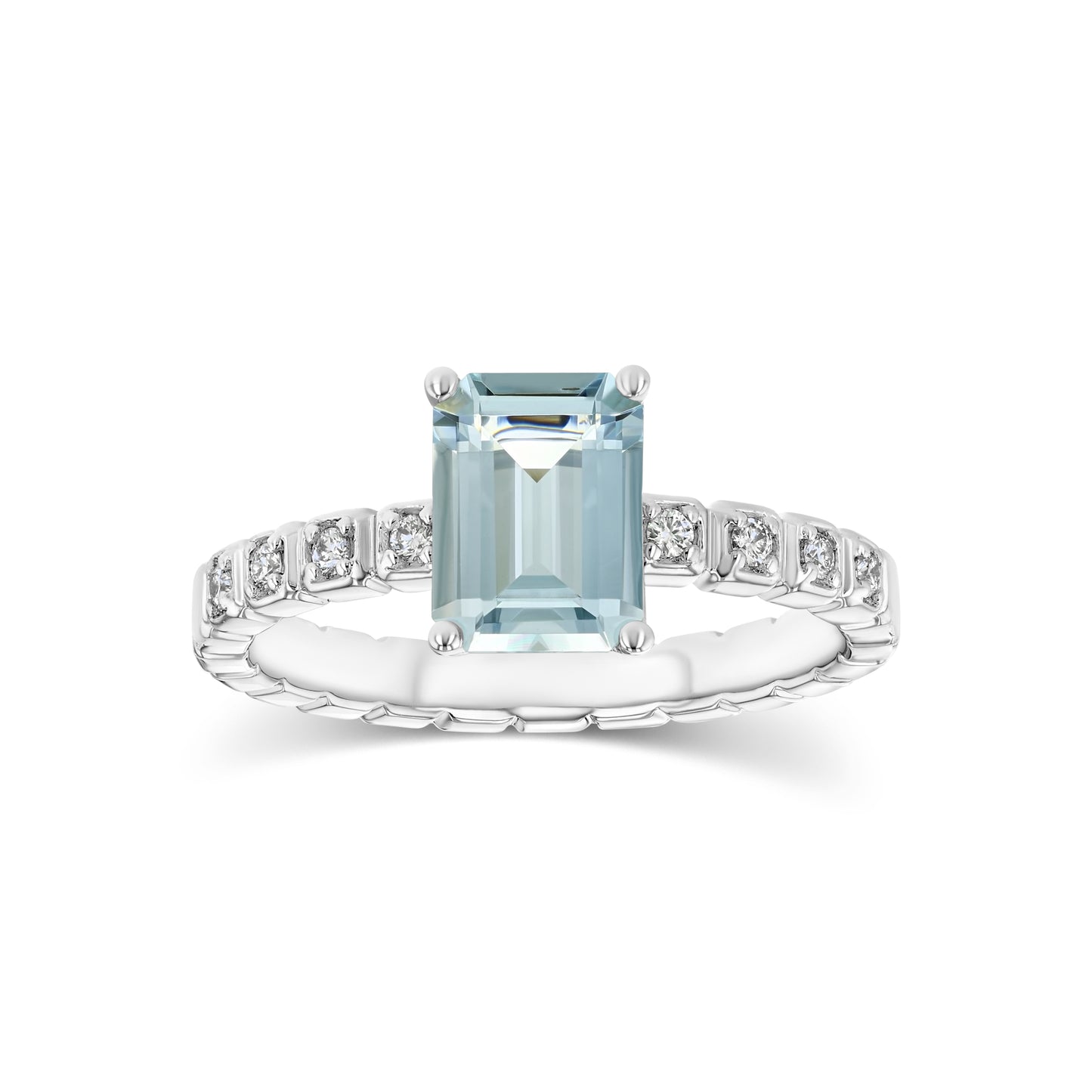 Aquamarine and Diamond Corrugated Shank Ring in 14k White Gold 1/12ctw