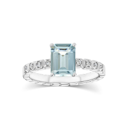 Aquamarine and Diamond Corrugated Shank Ring in 14k White Gold 1/12ctw