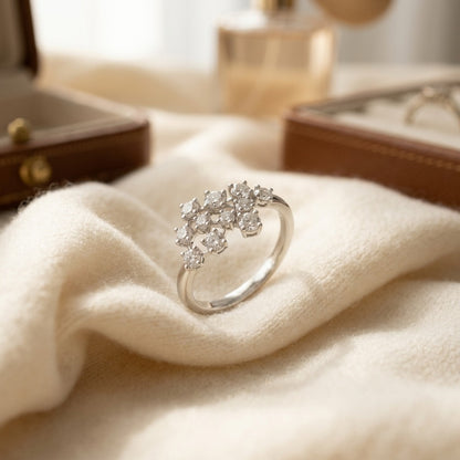 Scattered Diamond Ring in 14k White Gold — textile flat lay