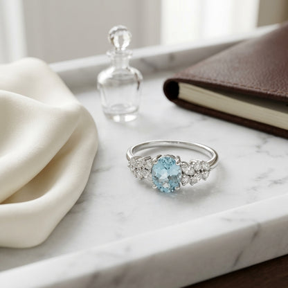 Aquamarine and Diamond Ring in 14k White Gold 1/3ctw — atelier still life