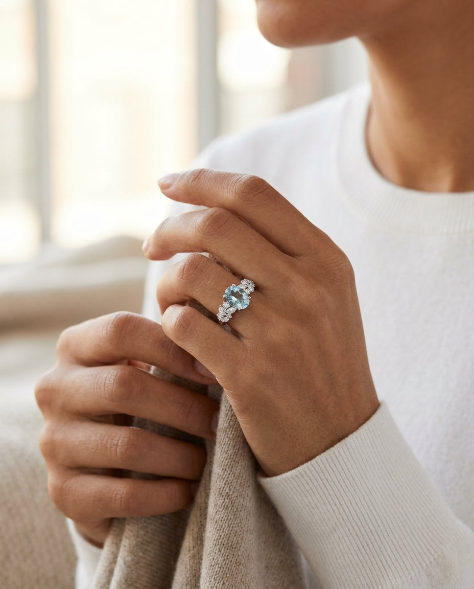 Aquamarine and Diamond Ring in 14k White Gold 1/3ctw — editorial close-up