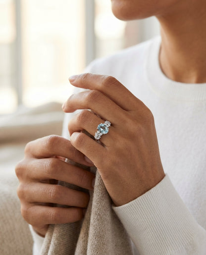 Aquamarine and Diamond Ring in 14k White Gold 1/3ctw — editorial close-up