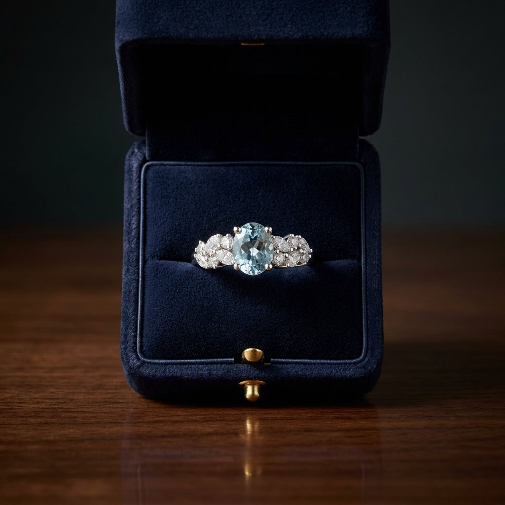 Aquamarine and Diamond Ring in 14k White Gold 1/3ctw — gift presentation
