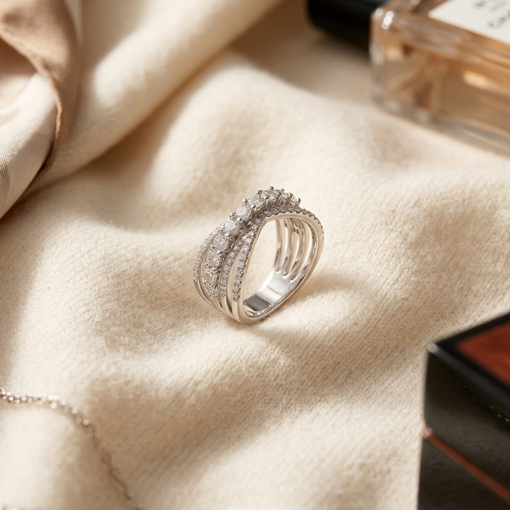 Diamond Criss-Cross Overlay Ring in 14k White Gold 9/10ctw — textile flat lay