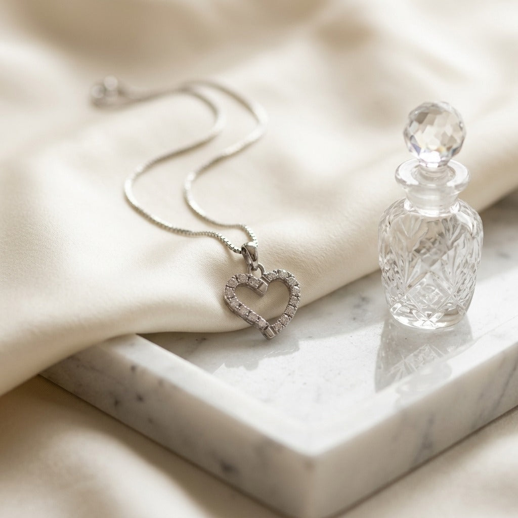 Diamond Dangle Heart Pendant In 14k White Gold — marble silk