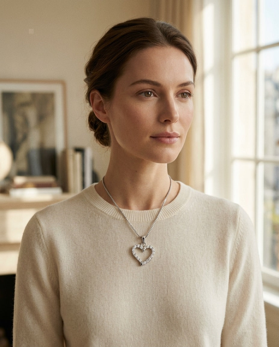 Diamond Dangle Heart Pendant In 14k White Gold — portrait close