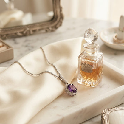 Amethyst and Diamond Oval Halo Pendant with Slim Bail in 14k White Gold (9x7mm Center) — marble silk
