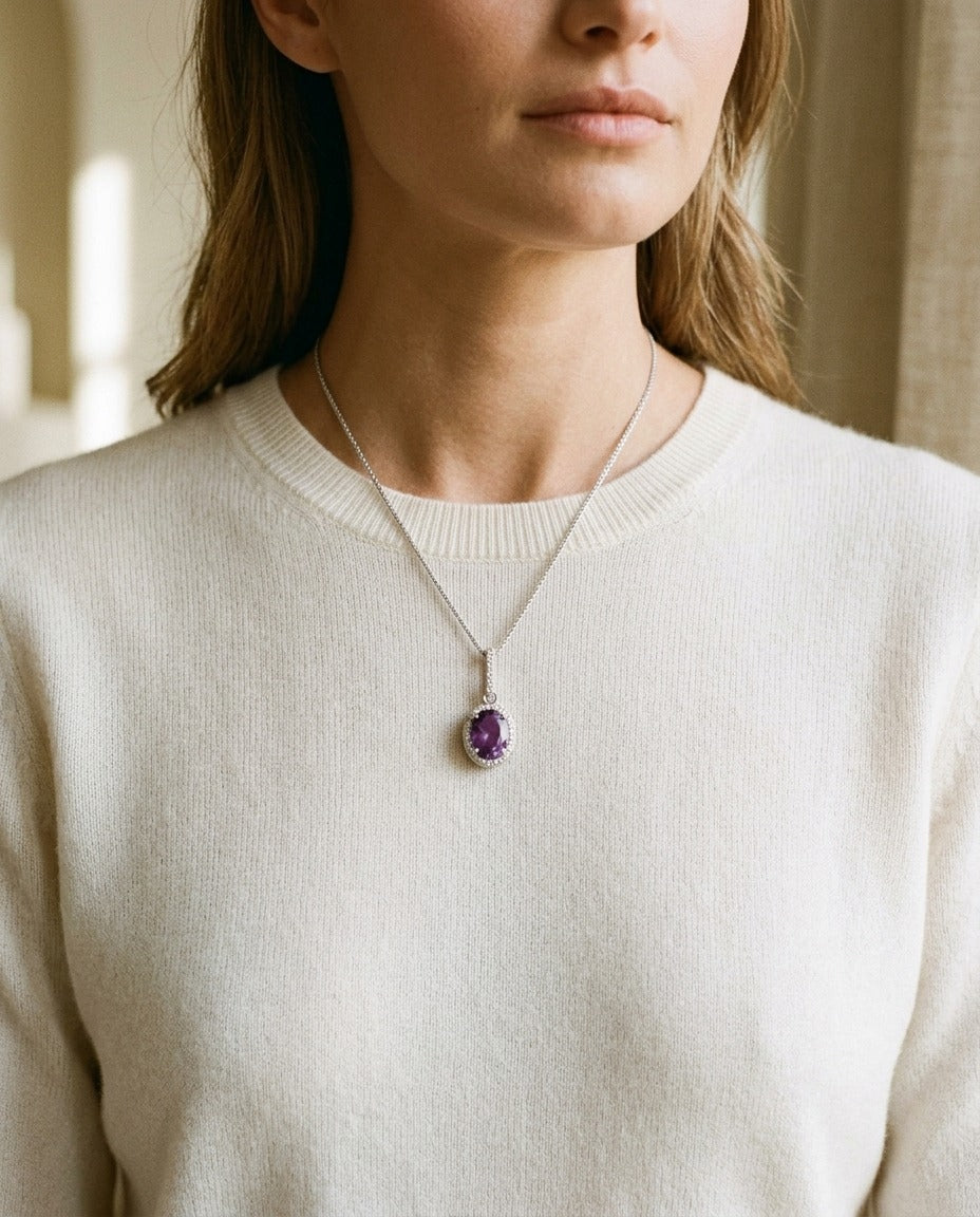 Amethyst and Diamond Oval Halo Pendant with Slim Bail in 14k White Gold (9x7mm Center) — portrait close