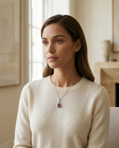 Amethyst and Diamond Oval Halo Pendant with Slim Bail in 14k White Gold (9x7mm Center) — portrait full
