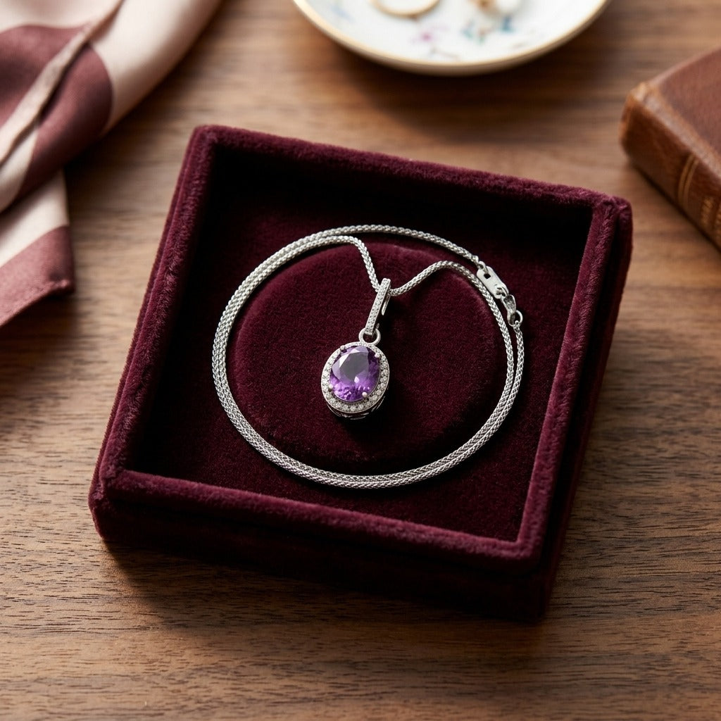 Amethyst and Diamond Oval Halo Pendant with Slim Bail in 14k White Gold (9x7mm Center) — velvet box