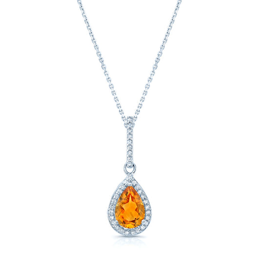 Citrine And Diamond Pendant In 14k White Gold (1/6 Ct.tw.)