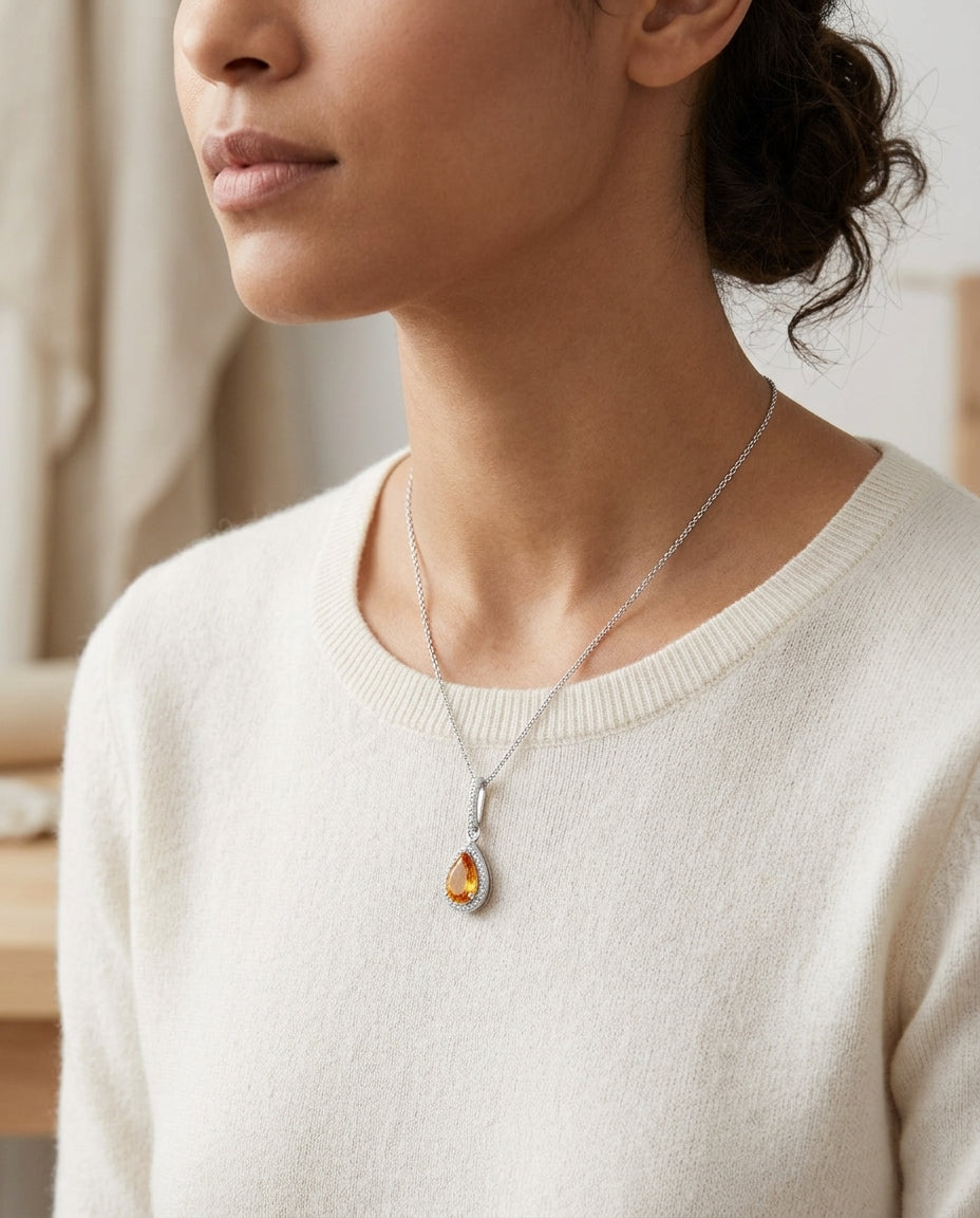 Citrine And Diamond Pendant In 14k White Gold (1/6 Ct.tw.) — editorial close-up