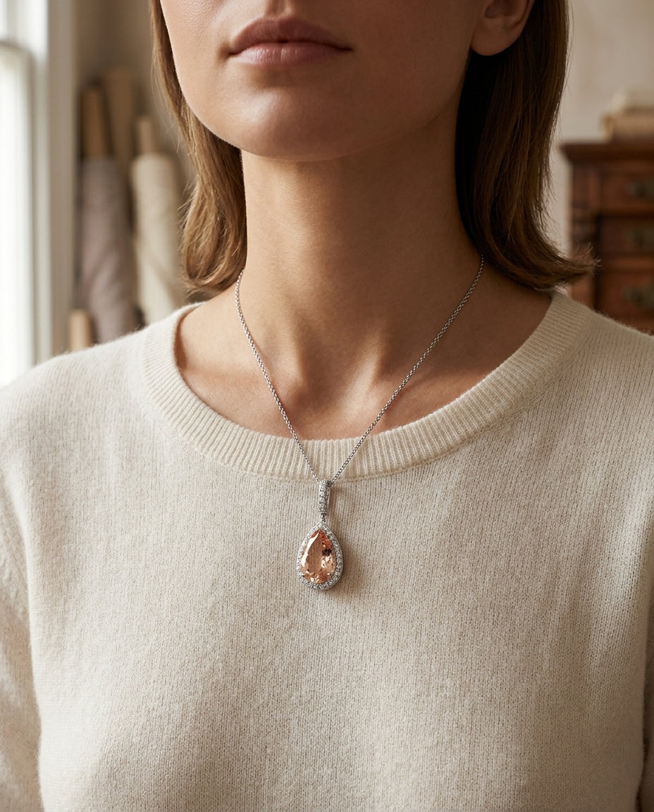 Morganite And Diamond Pendant In 14k White Gold (1/2 Ct. Tw.) — editorial close-up