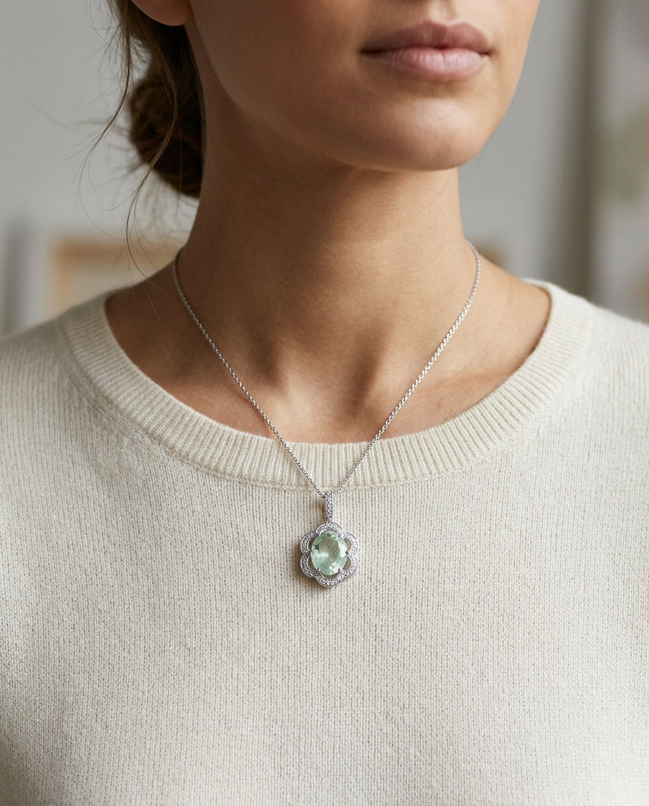 14kw Green Quartz And Diamond Pendant — editorial close-up