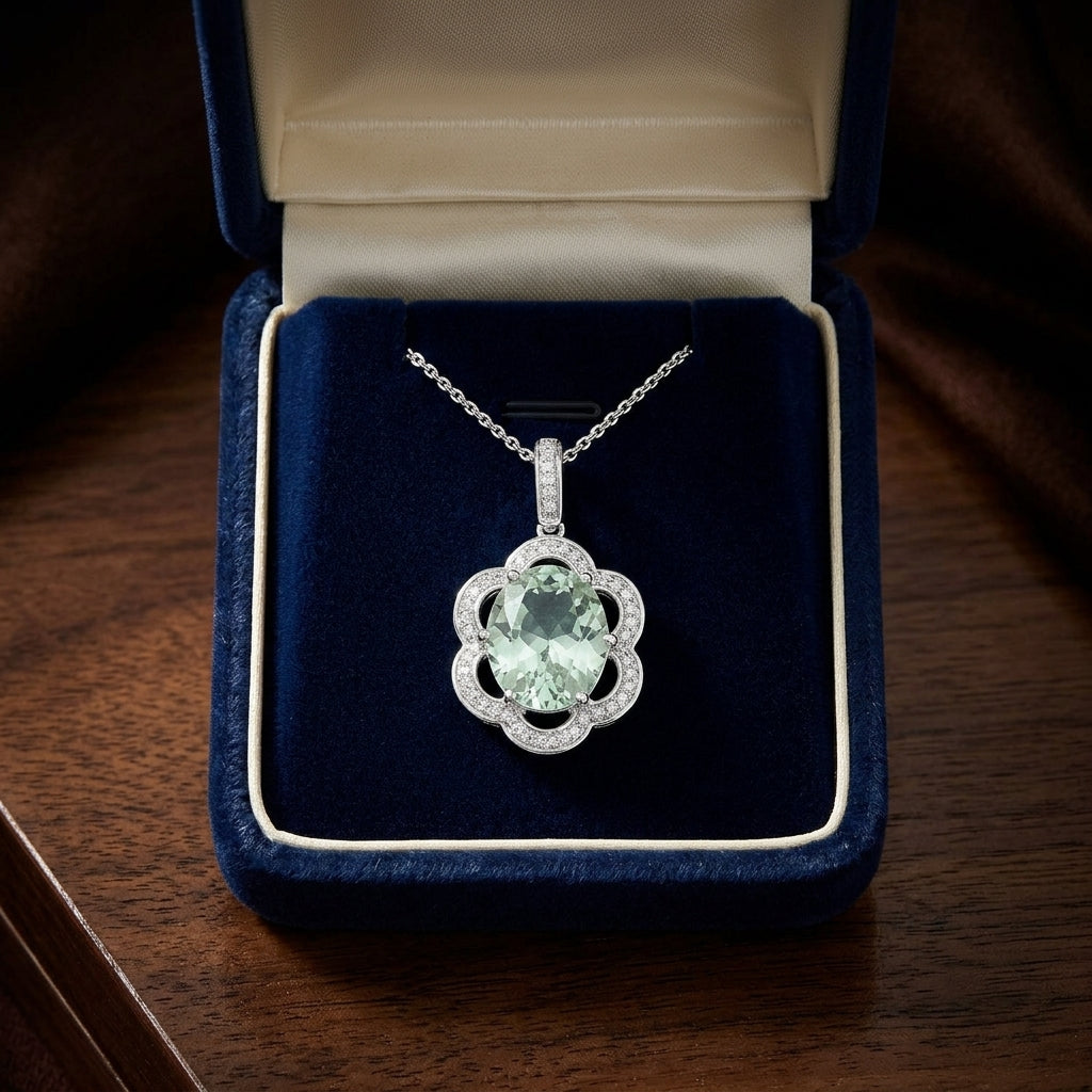 14kw Green Quartz And Diamond Pendant — gift presentation