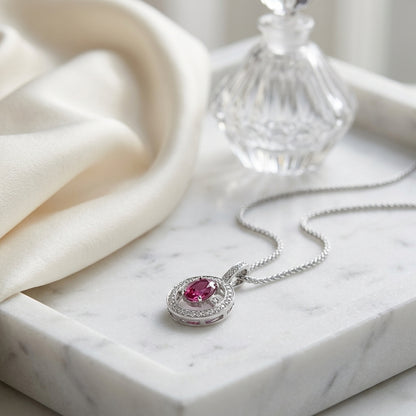 Pink Tourmaline And Diamond Oval Dangle Halo Pendant In 14k White Gold (18-in Curb Chain) — atelier still life