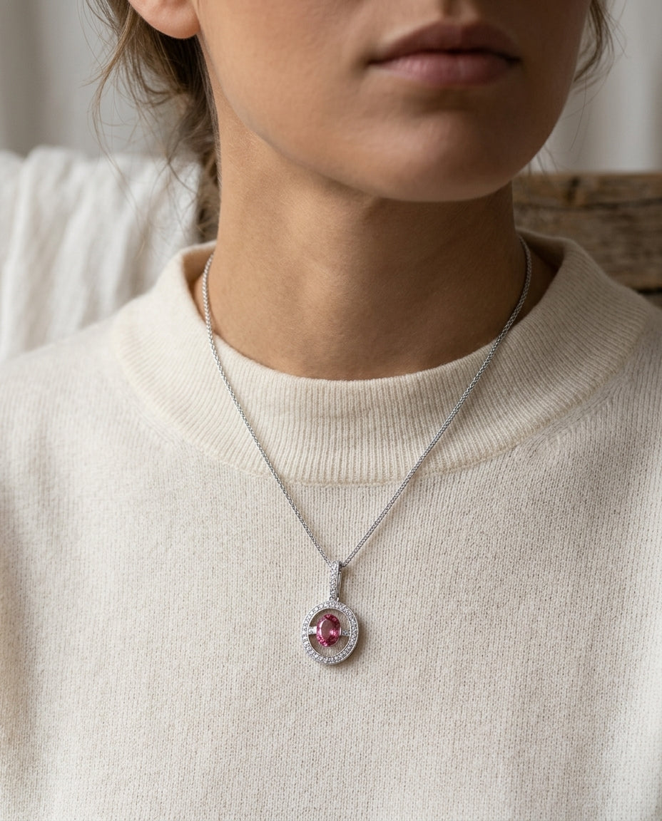 Pink Tourmaline And Diamond Oval Dangle Halo Pendant In 14k White Gold (18-in Curb Chain) — editorial close-up
