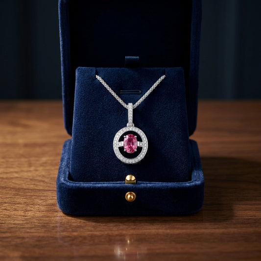 Pink Tourmaline And Diamond Oval Dangle Halo Pendant In 14k White Gold (18-in Curb Chain) — gift presentation