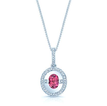Pink Tourmaline And Diamond Oval Dangle Halo Pendant In 14k White Gold (18-in Curb Chain)