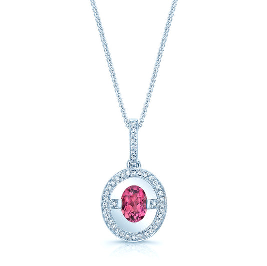 Pink Tourmaline And Diamond Oval Dangle Halo Pendant In 14k White Gold (18-in Curb Chain)