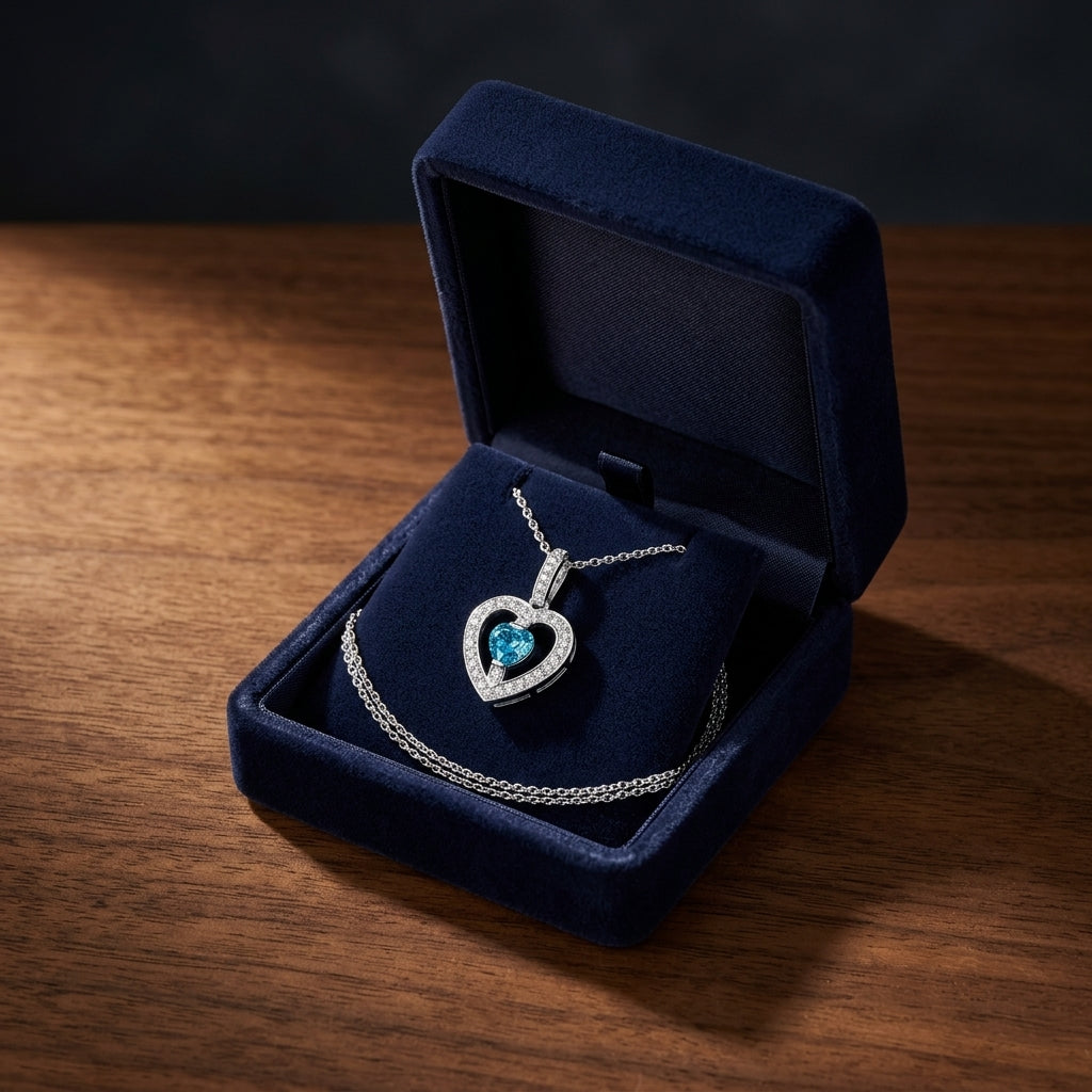 Blue Topaz Heart And Diamond Pendant 14k White Gold — gift presentation