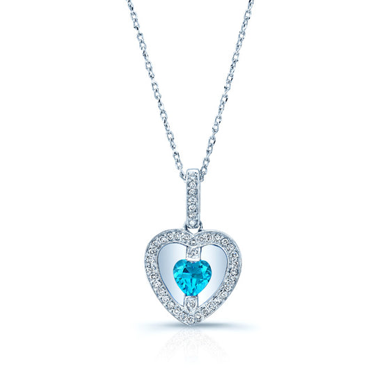 Blue Topaz Heart And Diamond Pendant 14k White Gold