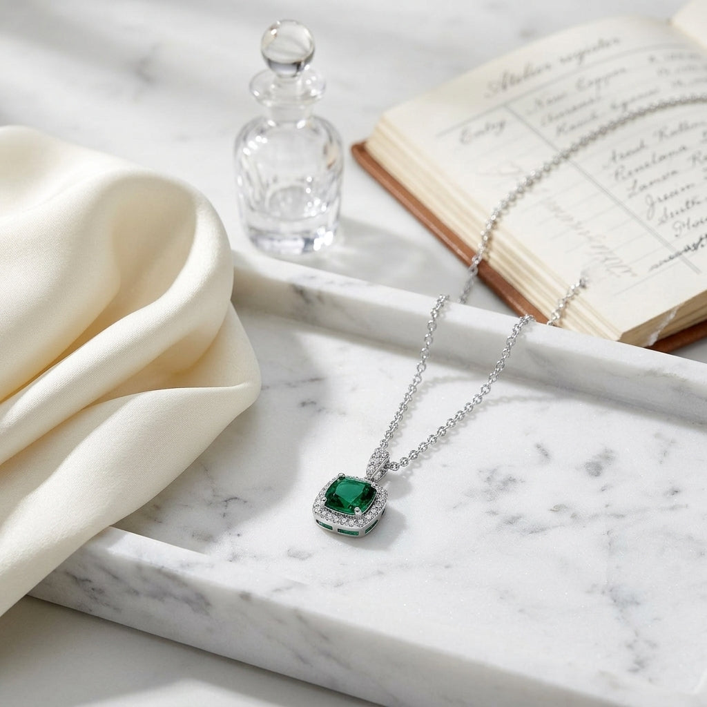 Created Emerald & Diamond Pendant In 14k White Gold — atelier still life