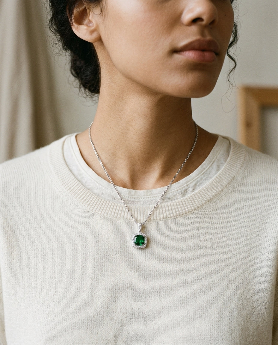 Created Emerald & Diamond Pendant In 14k White Gold — editorial close-up