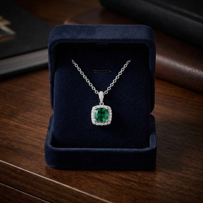 Created Emerald & Diamond Pendant In 14k White Gold — gift presentation
