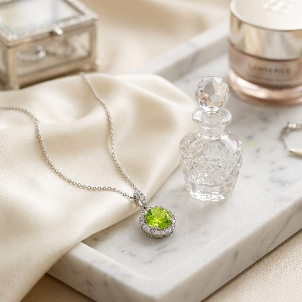 Peridot And Diamond Circle Halo Pendant In 14k White Gold With 18 Inch Baby Curb Chain — marble silk