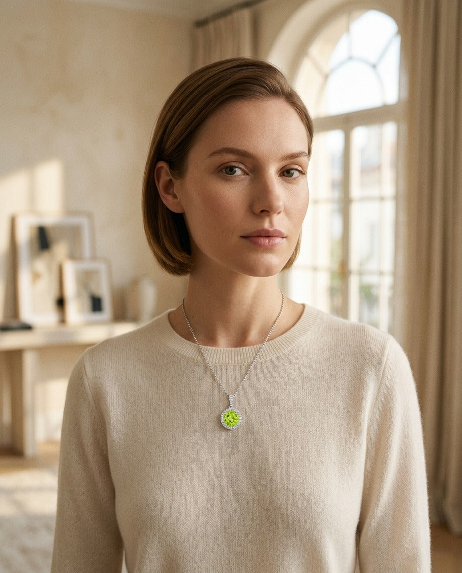 Peridot And Diamond Circle Halo Pendant In 14k White Gold With 18 Inch Baby Curb Chain — portrait close