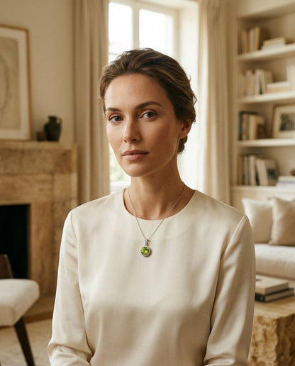 Peridot And Diamond Circle Halo Pendant In 14k White Gold With 18 Inch Baby Curb Chain — portrait full