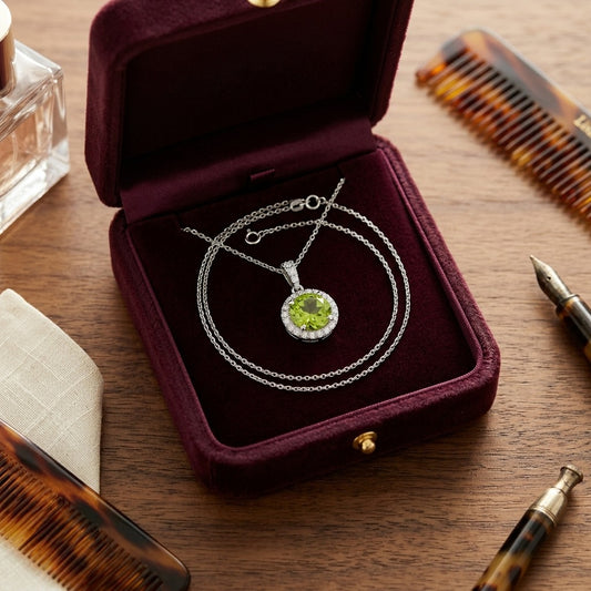 Peridot And Diamond Circle Halo Pendant In 14k White Gold With 18 Inch Baby Curb Chain — velvet box