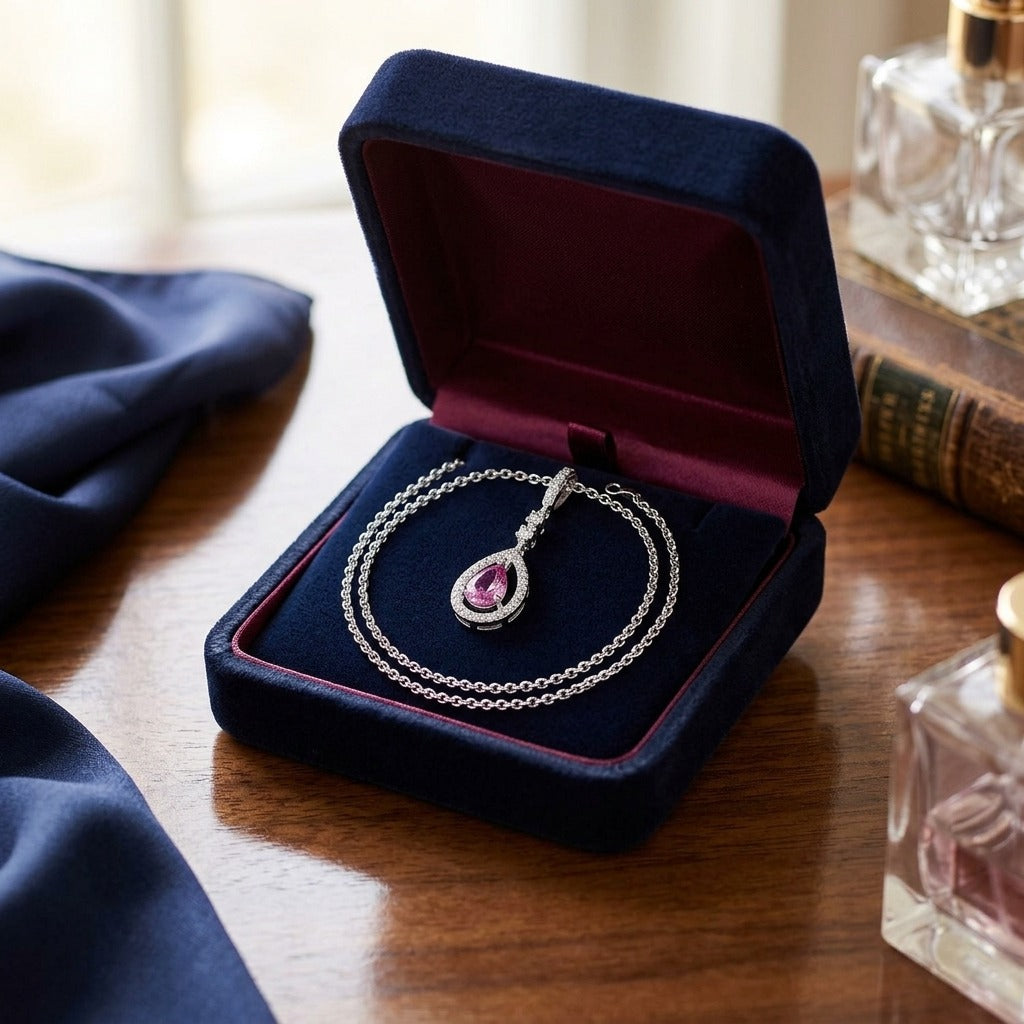 Pink Sapphire & Diamond Pendant — velvet box