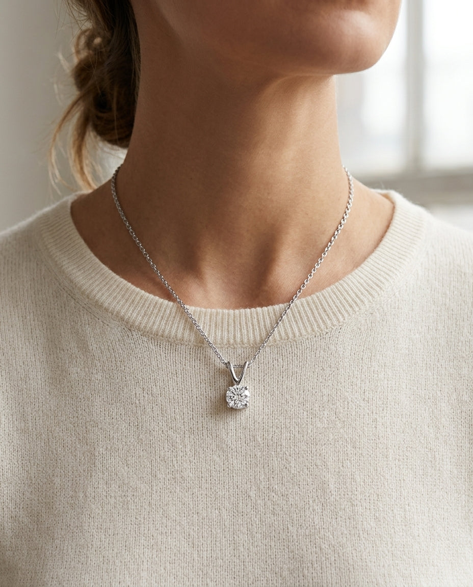 Diamond Round Solitaire Pendant In 14k White Gold 17-in Baby Curb Ch — editorial close-up