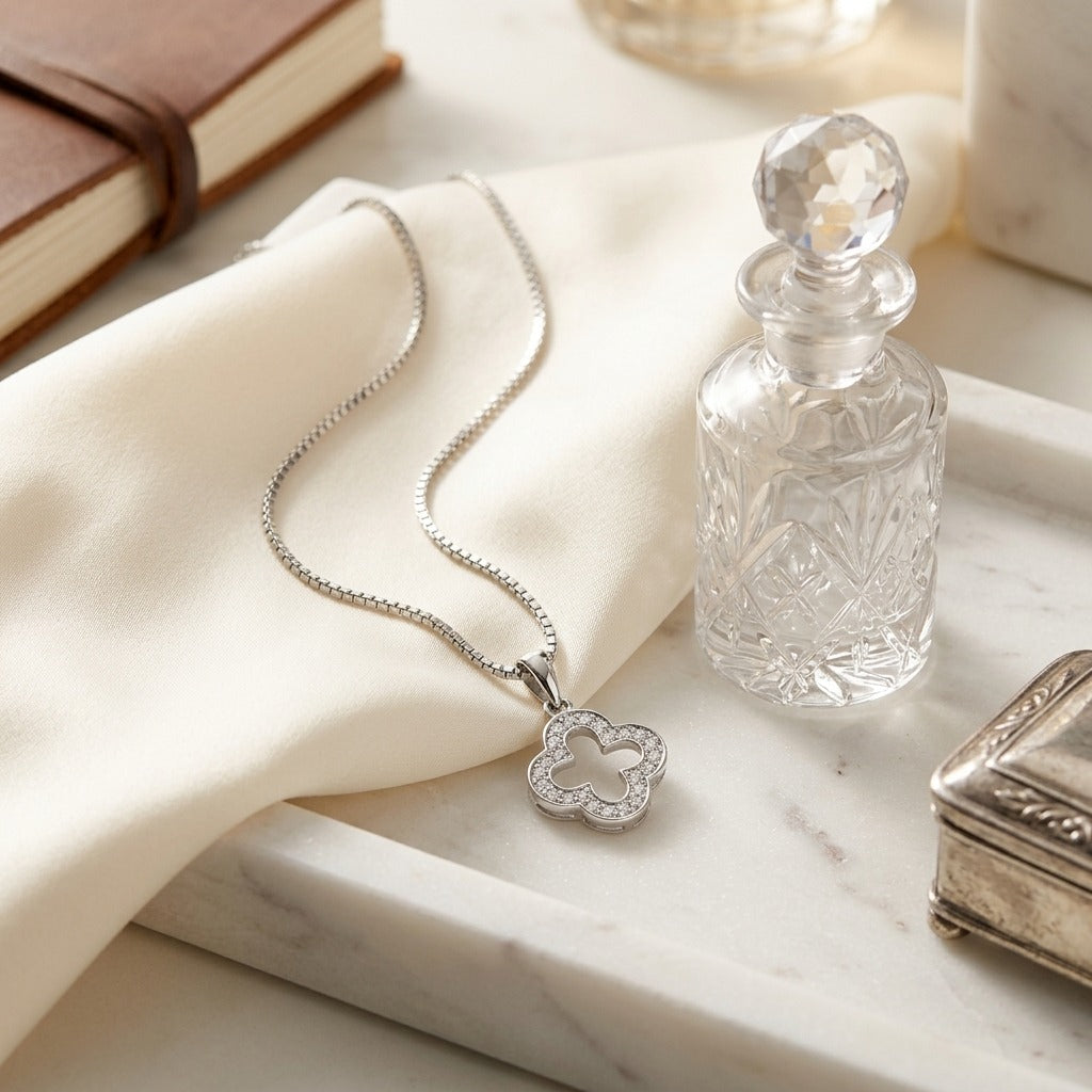 Diamond Clover Pave Pendant in 14k White Gold (17 Inch Spiga) — marble silk