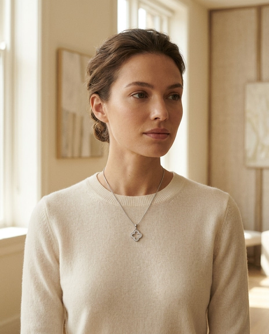 Diamond Clover Pave Pendant in 14k White Gold (17 Inch Spiga) — portrait close