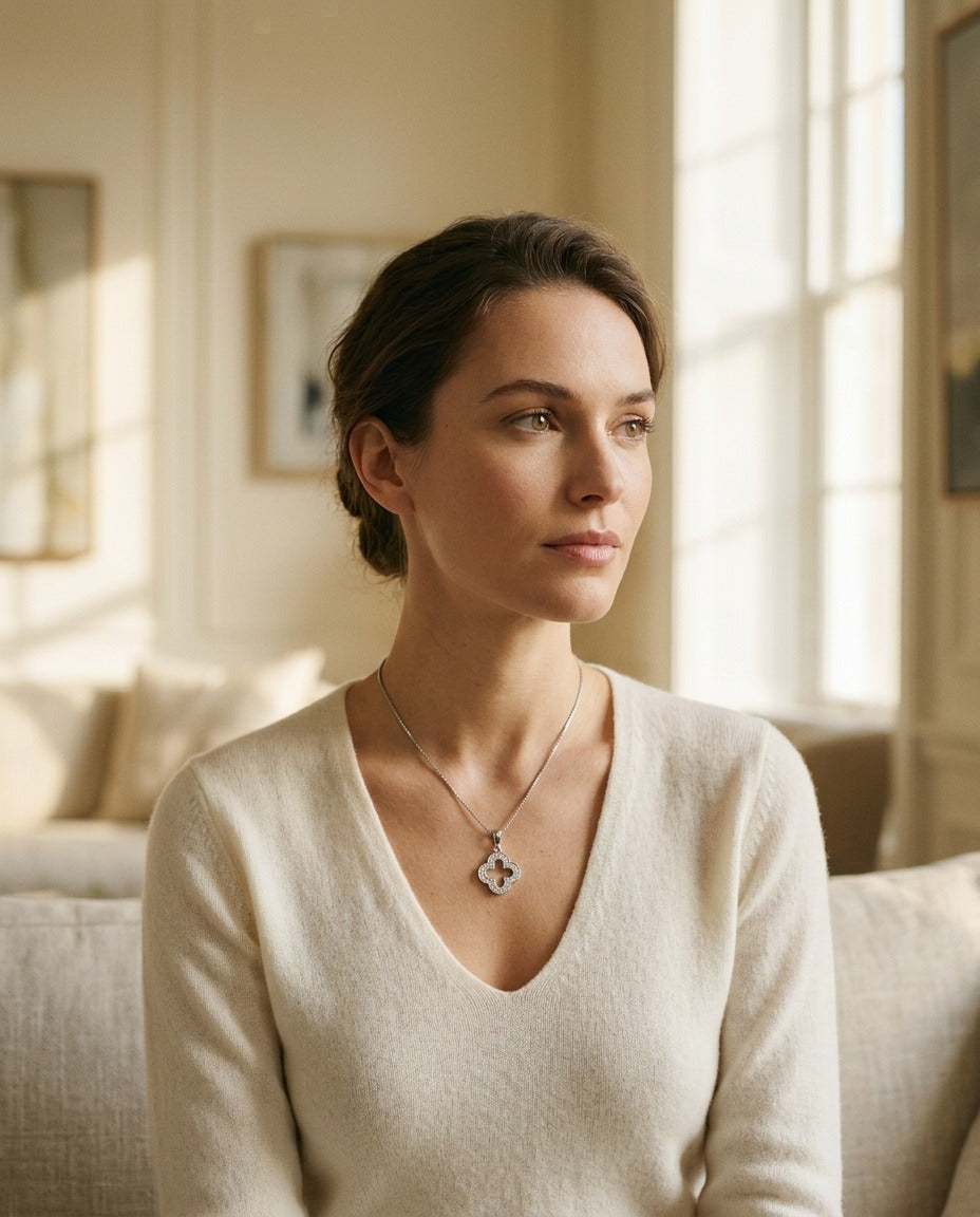Diamond Clover Pave Pendant in 14k White Gold (17 Inch Spiga) — portrait full