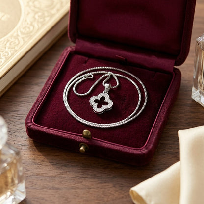 Diamond Clover Pave Pendant in 14k White Gold (17 Inch Spiga) — velvet box