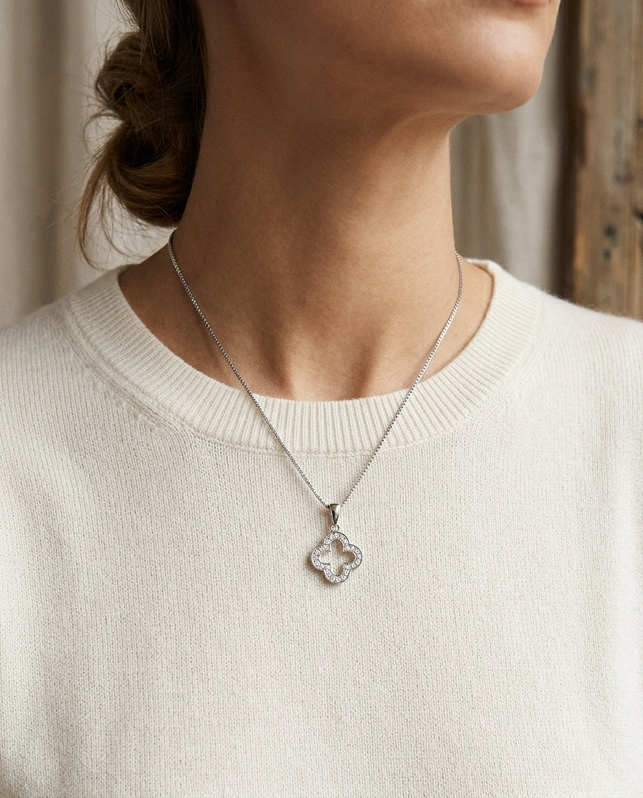 Diamond Clover Pave Pendant In 14k White Gold (18 Inch Rolo) — editorial close-up