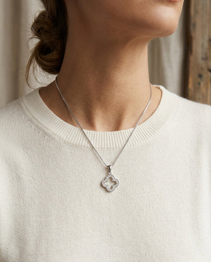 Diamond Clover Pave Pendant In 14k White Gold (18 Inch Rolo) — editorial close-up