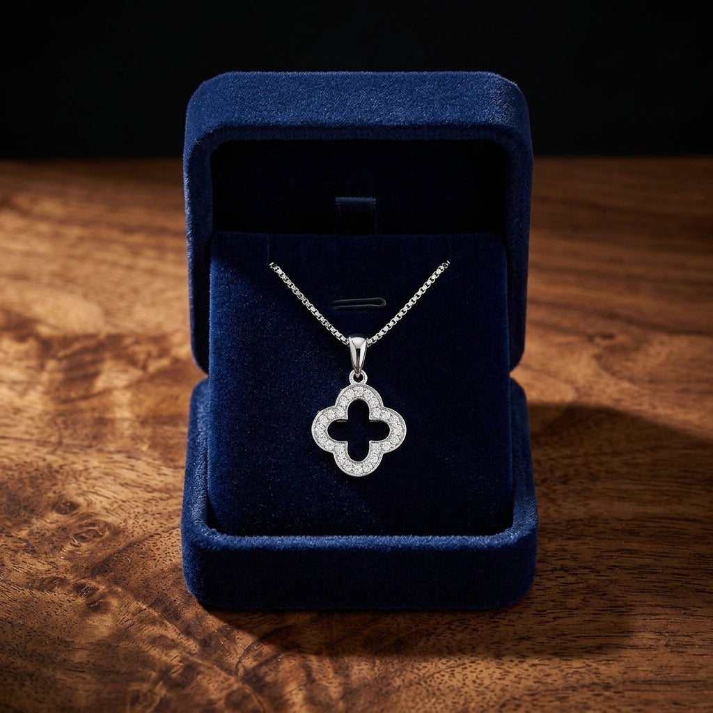 Diamond Clover Pave Pendant In 14k White Gold (18 Inch Rolo) — gift presentation