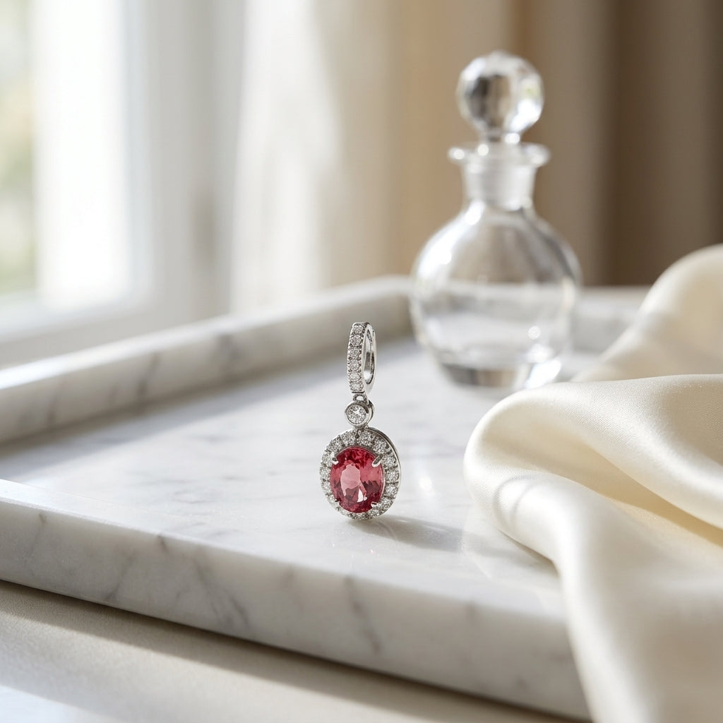 Garnet And Diamond Oval Halo Pendant In 14k White Gold (18-in Wheat Chain) — atelier still life