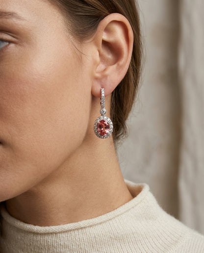 Garnet And Diamond Oval Halo Pendant In 14k White Gold (18-in Wheat Chain) — editorial close-up