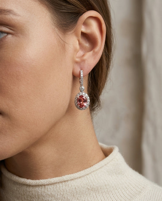 Garnet And Diamond Oval Halo Pendant In 14k White Gold (18-in Wheat Chain) — editorial close-up