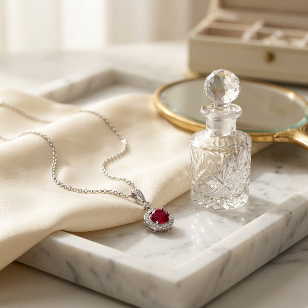 Ruby And Diamond Halo Dangle Pendant In 14k White Gold And 18-Inch Rolo Chain — marble silk