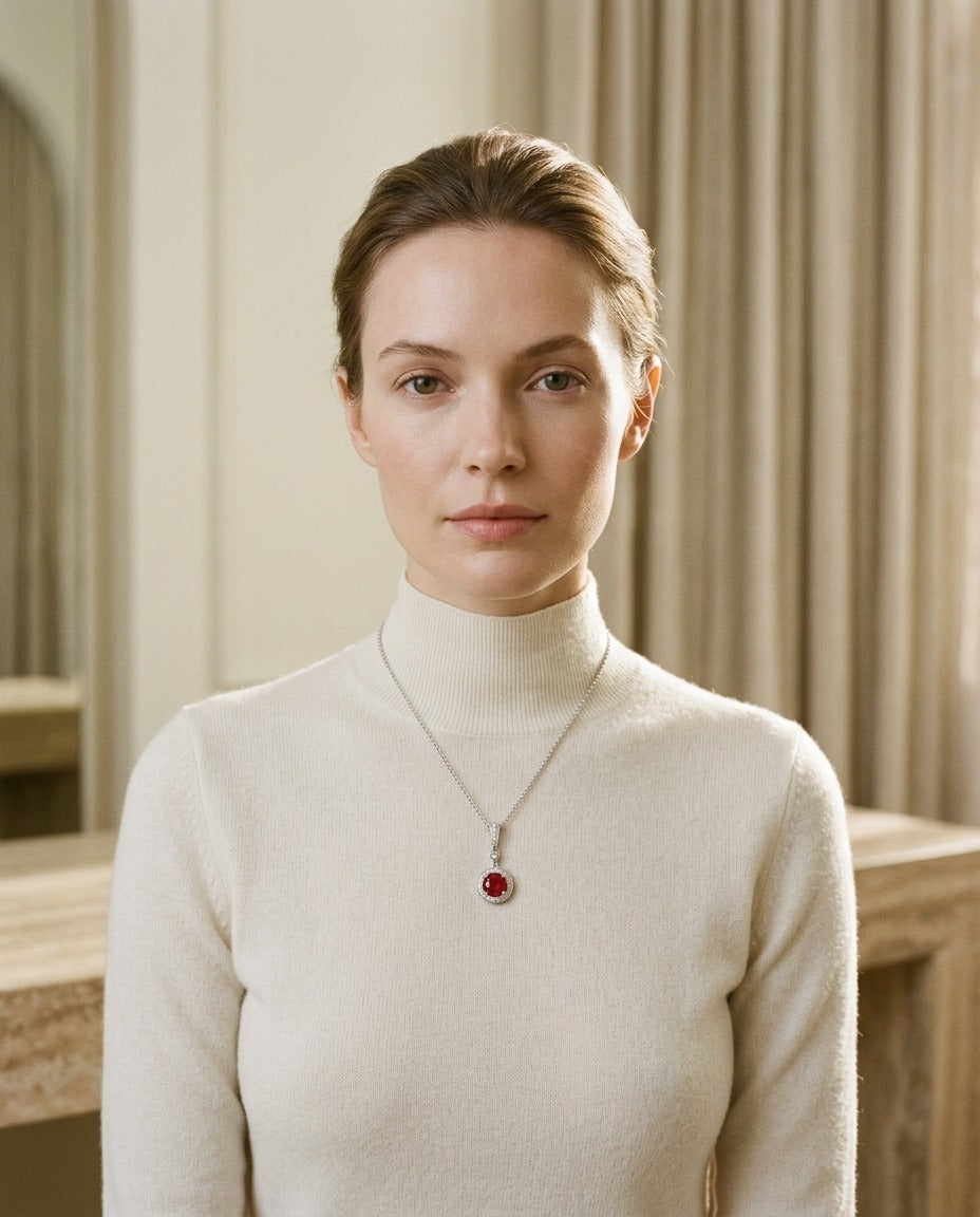 Ruby And Diamond Halo Dangle Pendant In 14k White Gold And 18-Inch Rolo Chain — portrait close